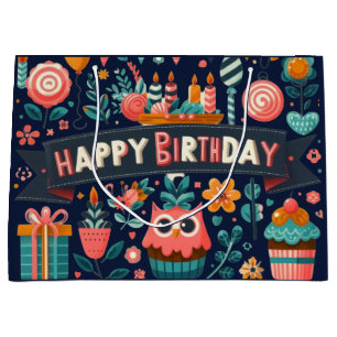 Grillige Volkskunst Happy Birthday Uil Bloemen Groot Cadeauzakje