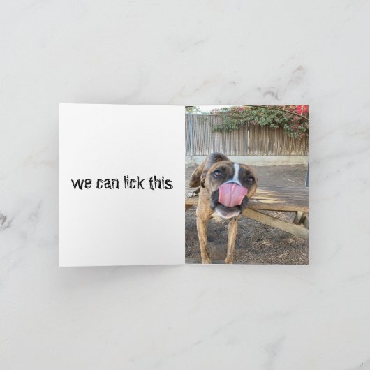 grillige vrolijke pup foto COVID we kunnen dit lik Bedankkaart (Binnen)