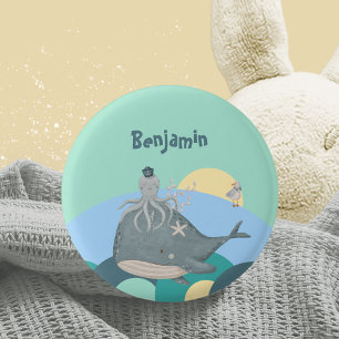 Grillige Walvis Octopus Groen Babyfeestje Nautical Ronde Button 3,2 Cm