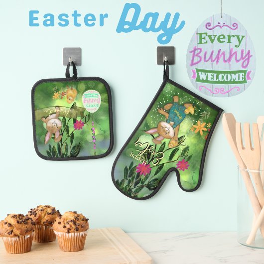 grillige Waterverf bunny Ovenwant & Pannenlap Set