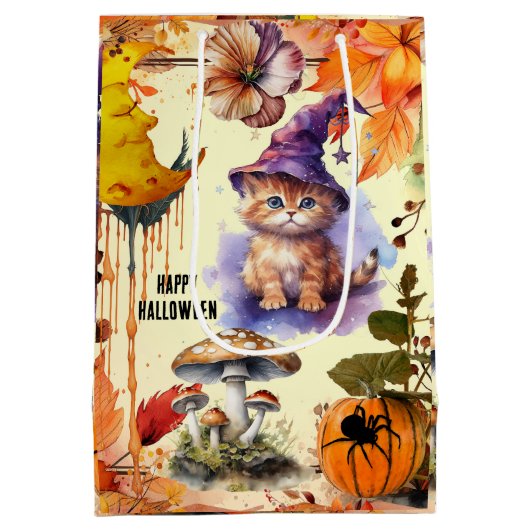 grillige Waterverf kat heks halloween geschenktas Medium Cadeauzakje (Achterkant)