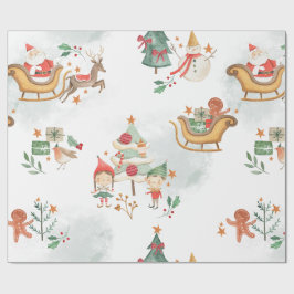 Grillige Waterverf Kerstman Elfen Patroon Cadeaupapier