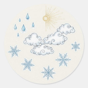 Grillige Weer Iconen – Zon Wolken Regen en Sneeuw Ronde Sticker