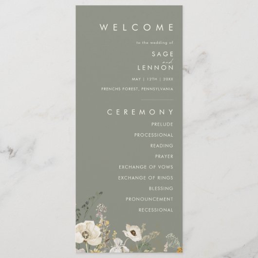 grillige wilde bloem | Sage Green Wedding-programm Programmakaart (Voorkant)
