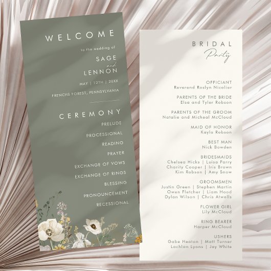 grillige wilde bloem | Sage Green Wedding-programm Programmakaart