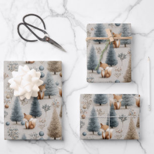 Grillige Winter Bos Vos en Kerstboom Inpakpapier Vel