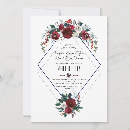 Grillige Winter Burgundy Bloemstuk Den Huwelijk Kaart (Voorkant)