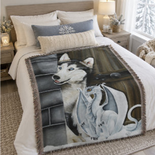 Grillige Winter Fantasie Husky Hond Drakenkasteel Deken
