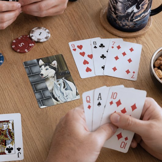 Grillige Winter Fantasie Husky Hond Drakenkasteel Pokerkaarten