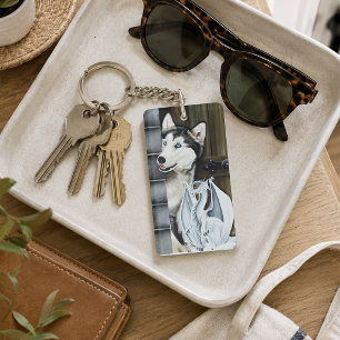 Grillige Winter Fantasie Husky Hond Drakenkasteel Sleutelhanger