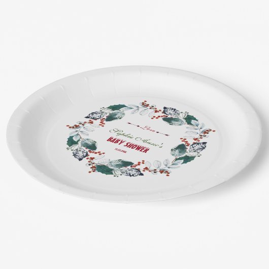 Grillige Winter Heilige Bessen Krans Baby Shower Papieren Bordje (Gekanteld)
