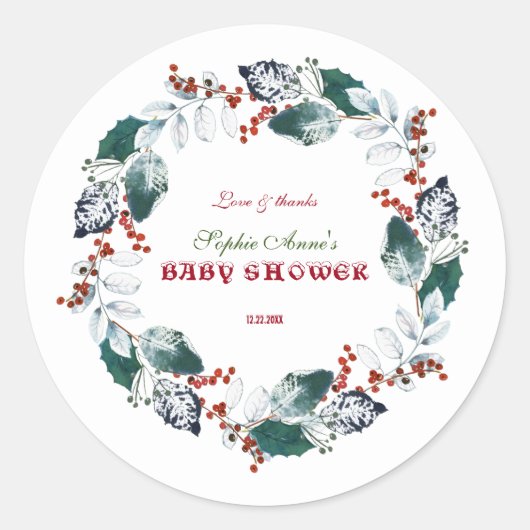 Grillige Winter Heilige Bessen Krans Baby Shower Ronde Sticker (Voorkant)