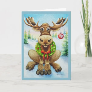 Grillige Winter Kerst Eland Watercolor Kunst Kaart