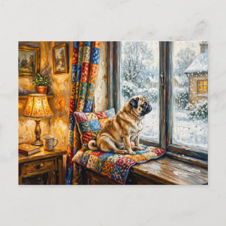 Grillige Winter Vensterbank Mops Illustratie Briefkaart
