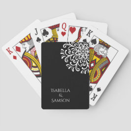 Grillige witte bloem op zwarte bruiloft pokerkaarten