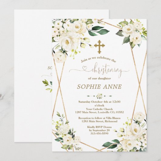 Grillige Witte Bloemen Gouden Meisje Doop Kaart (Voorkant / Achterkant)