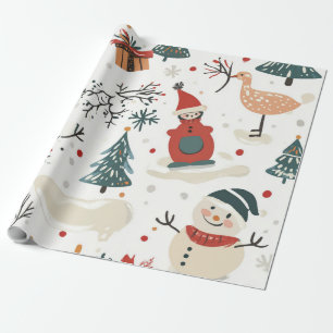 Grillige witte met de hand getekende sneeuwman cadeaupapier