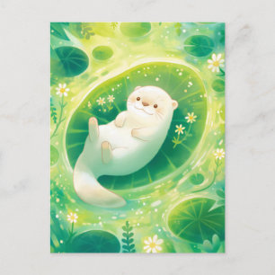 Grillige Witte Otter op Groene Waterlelieblad Briefkaart