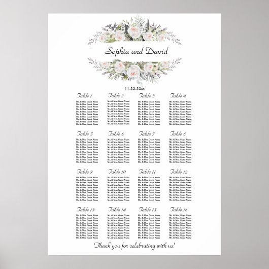 Grillige witte roze bloemen frame zitplaatskaart poster (Voorkant)