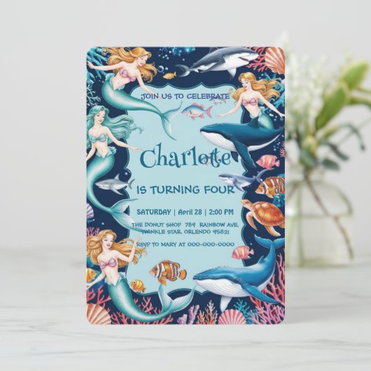 grillige zeemeermin regenboog zee verjaardagsfeest kaart (Staand voorkant)