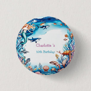 grillige zeemeermin regenboog zee verjaardagsfeest ronde button 3,2 cm