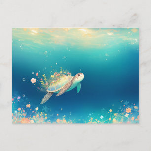 Grillige Zeeschildpad en Bloeiende Bloemen Briefkaart