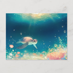 Grillige zeeschildpad in lichtgevende oceaan briefkaart