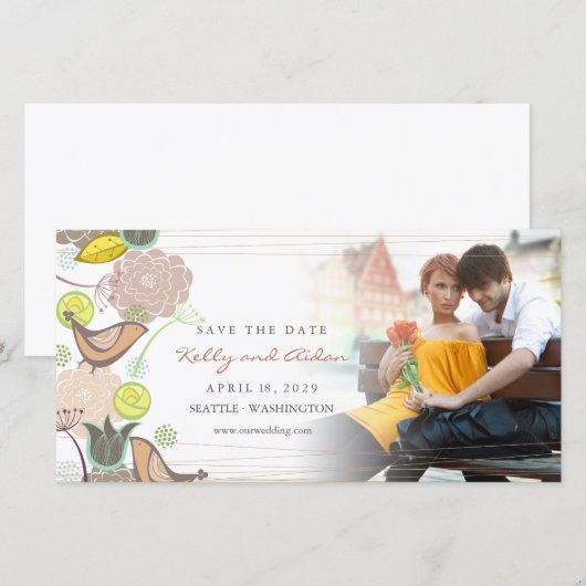 grillige zoete roze vogel chique bloementuin foto save the date (Voorkant / Achterkant)