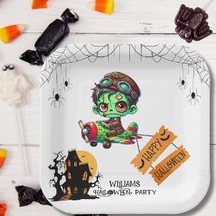 Grillige Zombie Piloot Vliegtuig Kinderen Hallowee Papieren Bordje