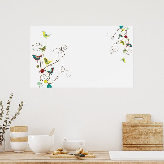 Grillige Zomer Vogels Krullen Moderne Natuur Wijnr Poster (Keuken)