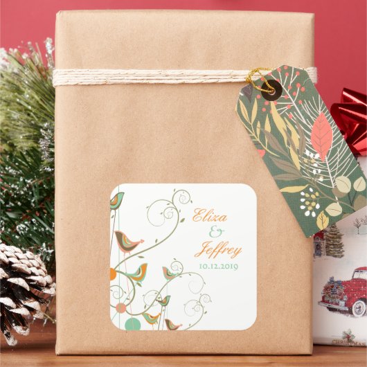 grillige zomer vogels wervelt chique tuin bruiloft vierkante sticker (Feestdagen)