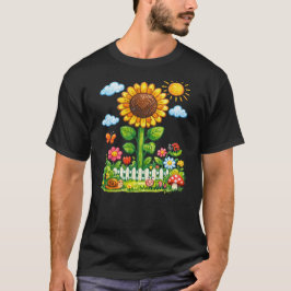 Grillige Zonnebloem Tuin Cartooneske Natuur Kunst  T-shirt