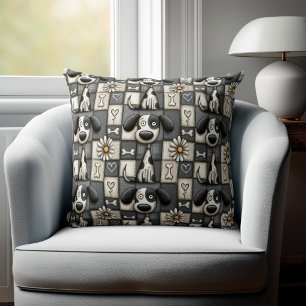 Grillige zwart-wit patchwork hondenpatroon kussen