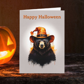 Grillige Zwarte Beer Oranje Heksenhoed Halloween Kaart