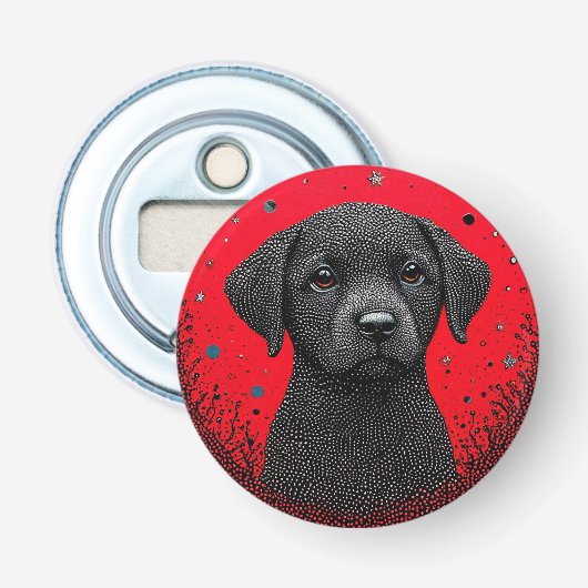Grillige Zwarte Hond Button Flesopener (Voorkant)