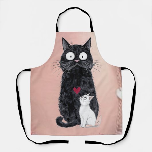 Grillige Zwarte Kat en Witte Kitten met Rode Hart Schort (Voorkant)