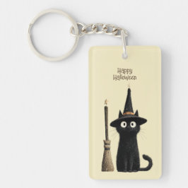 Grillige Zwarte Kat Gelukkig Halloween Sleutelhanger