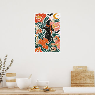 Grillige Zwarte Kat Halloween Botanische Volkskuns Poster
