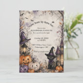 Grillige Zwarte Kat Halloween Feest Uitnodiging (Staand voorkant)