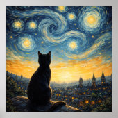 Grillige Zwarte Kat & Hemelse Stad Muurkunst Poster (Voorkant)