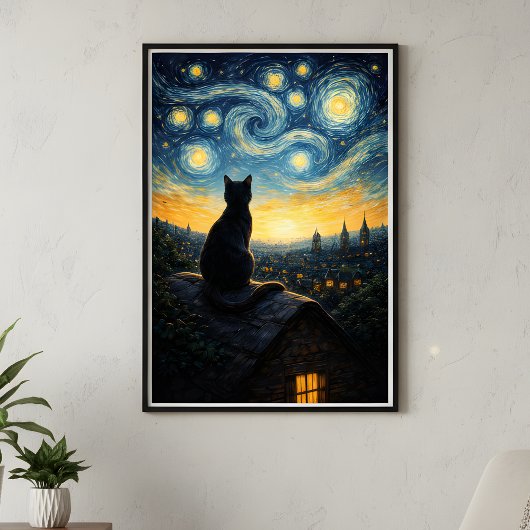 Grillige Zwarte Kat & Hemelse Stad Muurkunst Poster