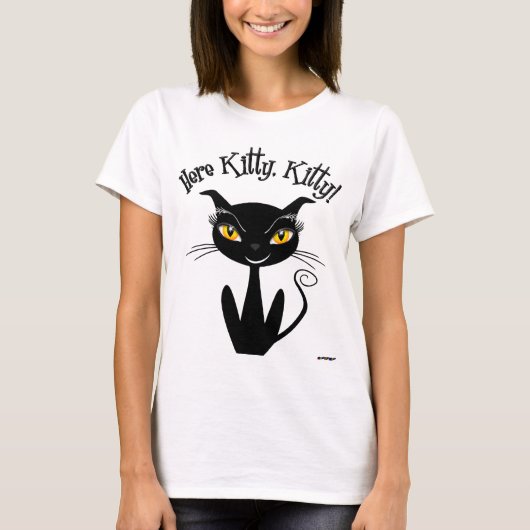 Grillige Zwarte Kat Hier Kitty, Kitty! T-shirt (Voorkant)