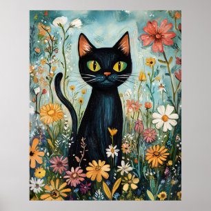 Grillige Zwarte Kat met Wilde Bloemen Illustratie Poster
