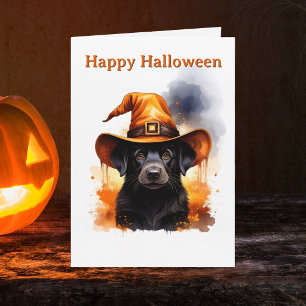 Grillige Zwarte Puppy Oranje Heksenhoed Halloween Kaart