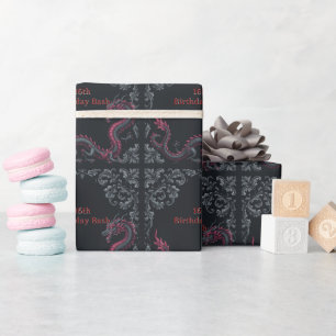 Grillige Zwarte Rode Draak Damast Zoete 16 Bash Cadeaupapier