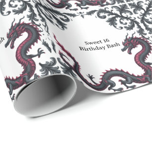 Grillige Zwarte Rode Draak Damast Zoete 16 Bash Cadeaupapier