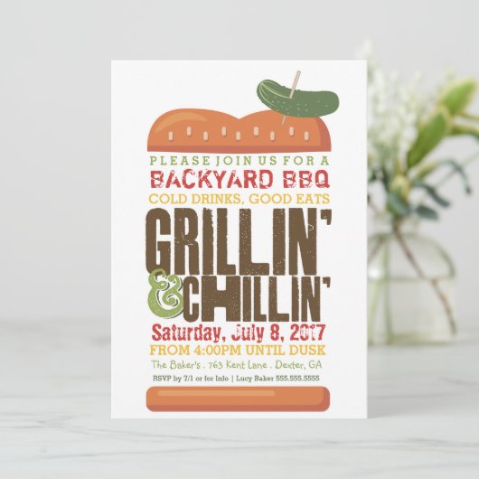 Grillin Chillin BBQ Uitnodiging, Burger Barbecue Kaart (Staand voorkant)