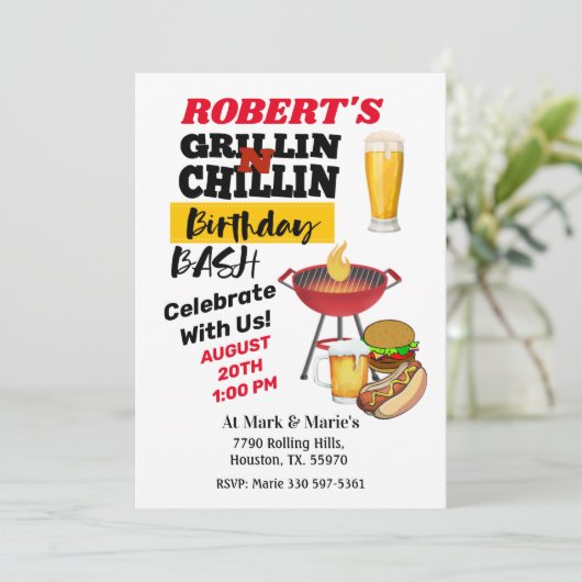 Grillin Chillin Birthday Bash Barbecue Invitation Kaart (Staand voorkant)
