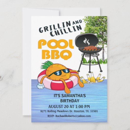 Grillin en Chillin BBQ Birthday Pool Party Invita Kaart (Voorkant)