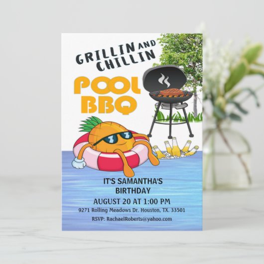 Grillin en Chillin BBQ Birthday Pool Party Invita Kaart (Staand voorkant)